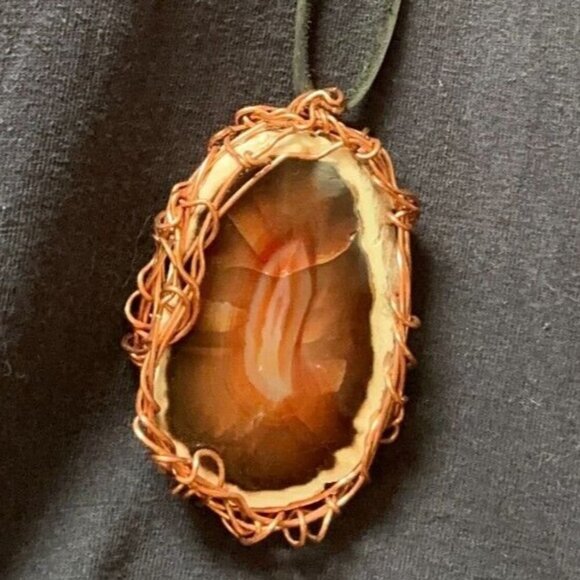 Pendant Agate Sard Copper Tribal Leather Carnelian Unisex Rustic Burning Man - Picture 1 of 10